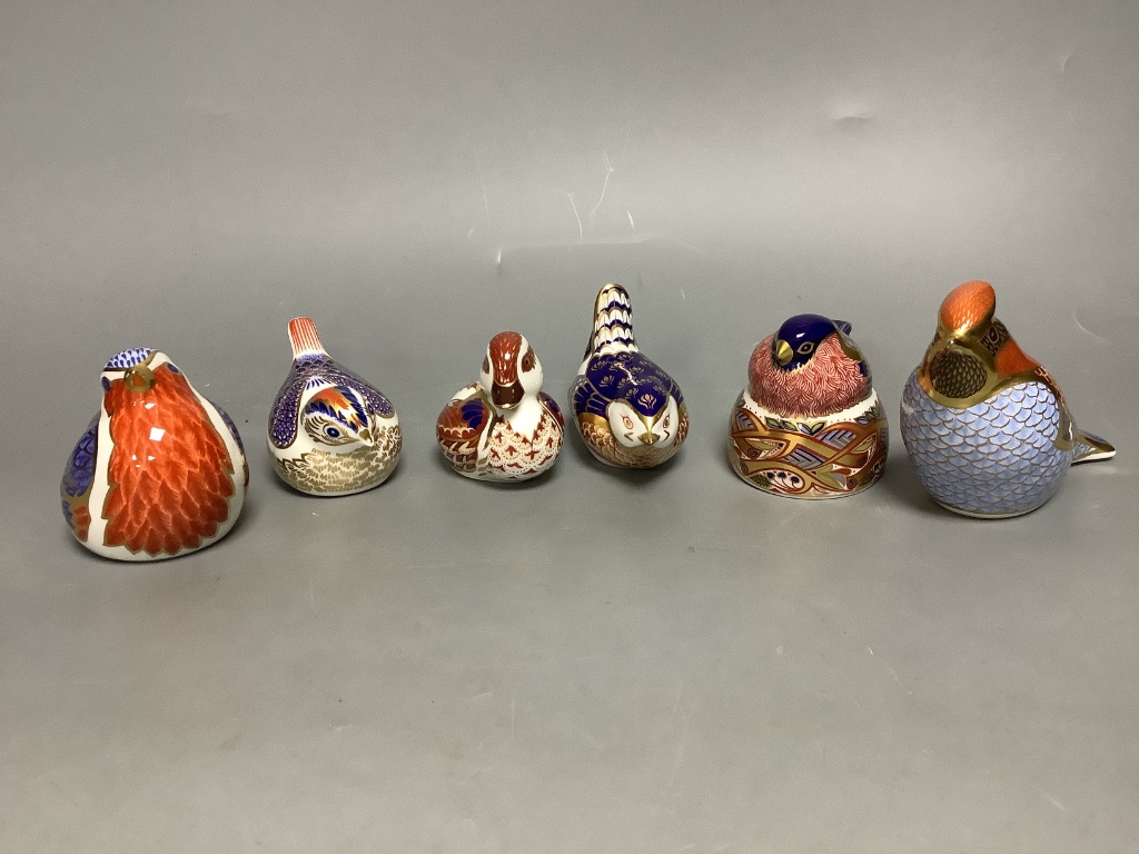 Six Royal Crown Derby bird paperweights, Bullfinch Nesting, Cardinal, Swimming Duckling, Goldcrest, Robin and Wren